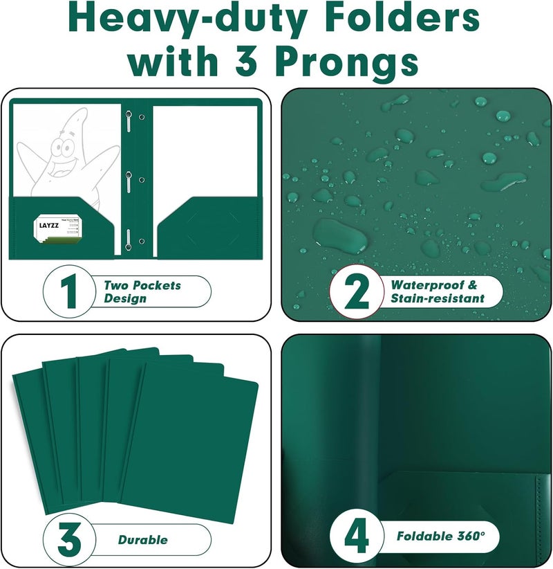 LAYZZ Plastic 2 Pocket Folders with Prongs, 30 Pack, Heavyweight, Letter Size Poly Folders with 3 Metal Prongs Fastener Clips (Green) - Image 5